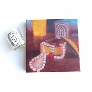 Original Oil Painting Still Life Pearls Jewelry Box Candle Diamond Ruby Surreal